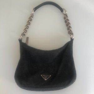 Prada Black Suede Shoulder Purse with Chrome Chain